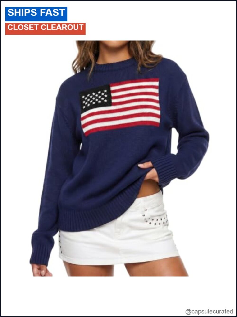 Oversized American Flag Sweater Women Long Sleeve Knit Pullover 4th of July